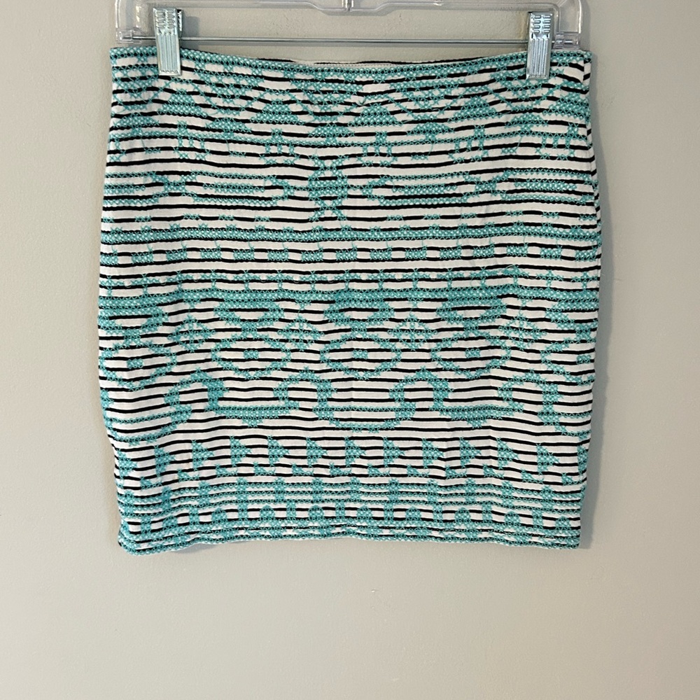 THML Embroidered Mini Skirt Black White Aqua Geometric Stripe Size S